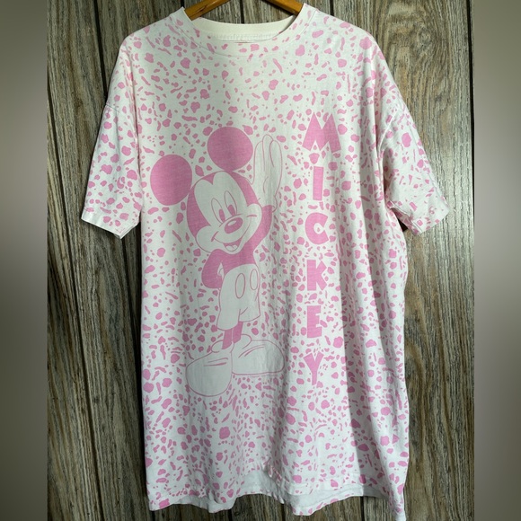 Disney Other - Vintage Walt Disney Company Pink/White MICKEY Single Stitch RARE AOP Tee 90s